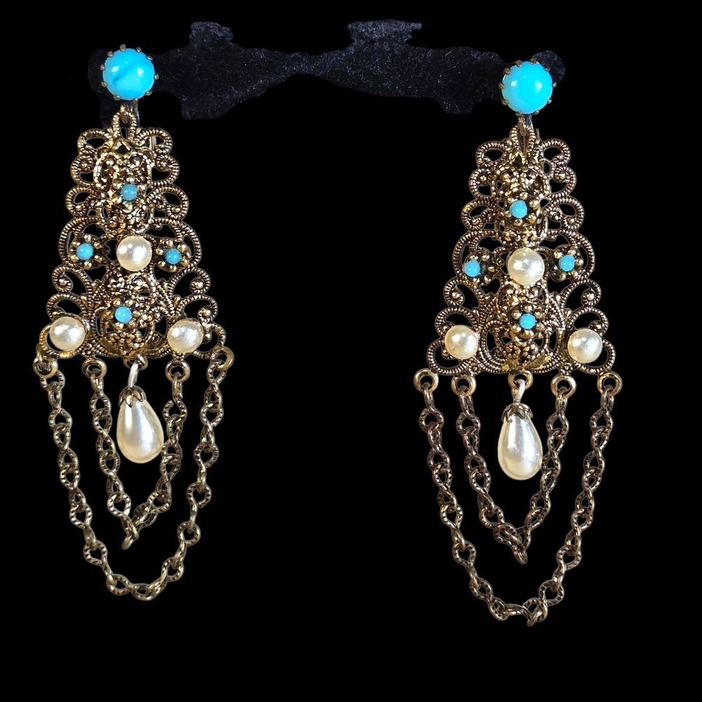 Vtg Austria Pearl Glass Dangle Victorian Revival Clip On Earrings Chandalier